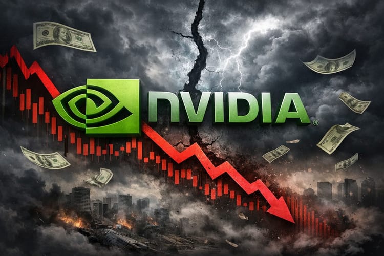 Illustration showing NVIDIA logo with falling stock chart and financial stress imagery